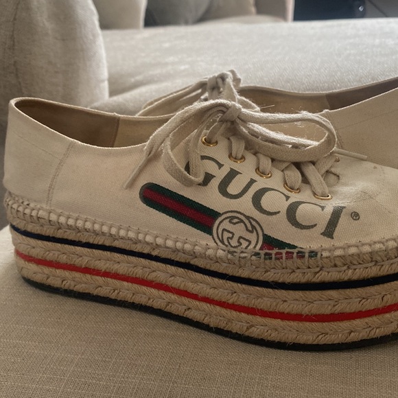 Gucci Canvas Logo Lace-Up Platform Espadrilles Greggio Grege - Picture 6 of 8